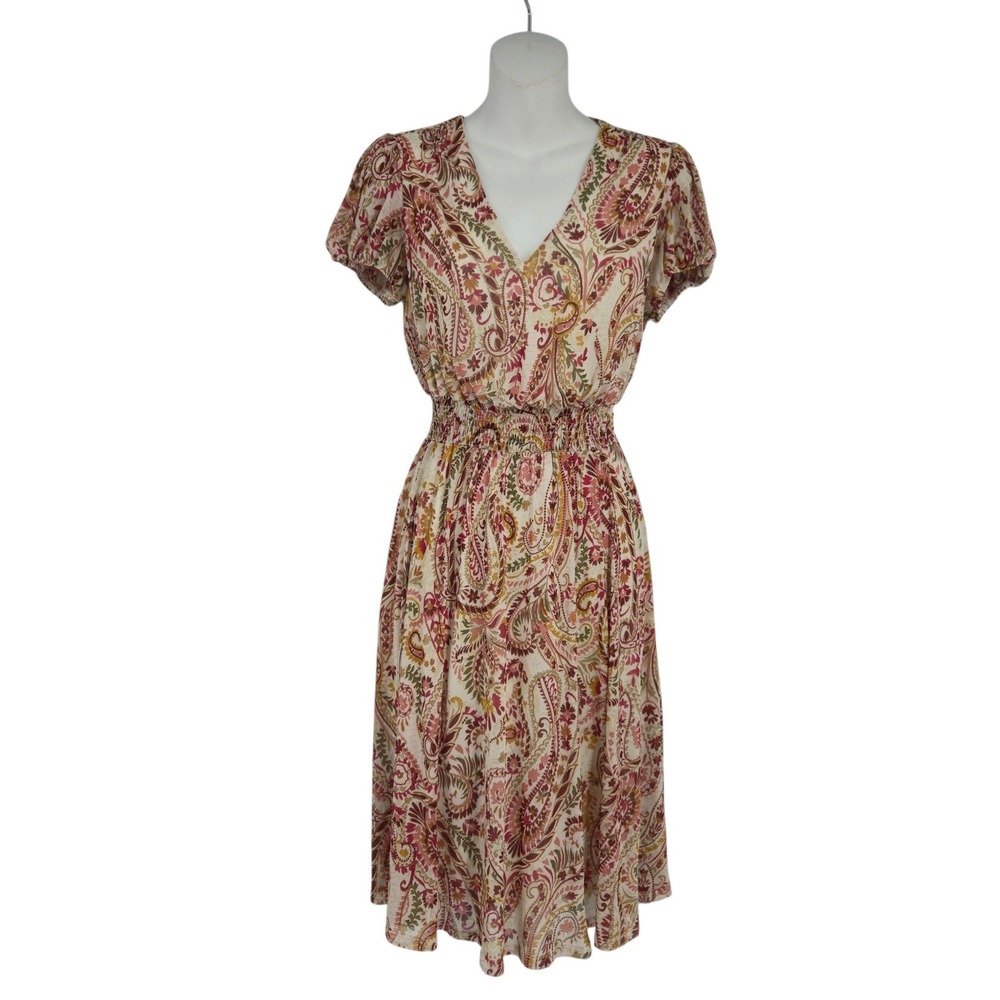 Kate and Lily Paisley V-Neck Midi Dress Womens Size 4 Pink Cream Boho Casual